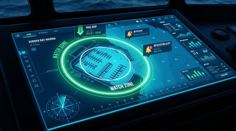 Helm chart-plotter showing a glowing watch zone around a marina with price-drop and notification alerts