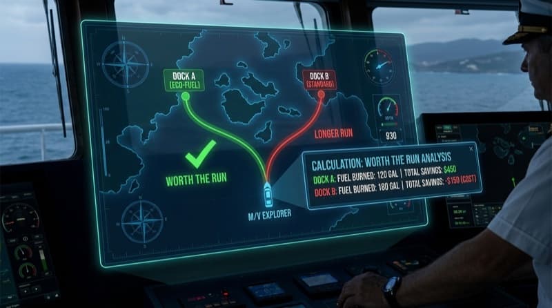 Glass-bridge navigation display comparing two fuel-dock routes with a worth-the-run savings calculation